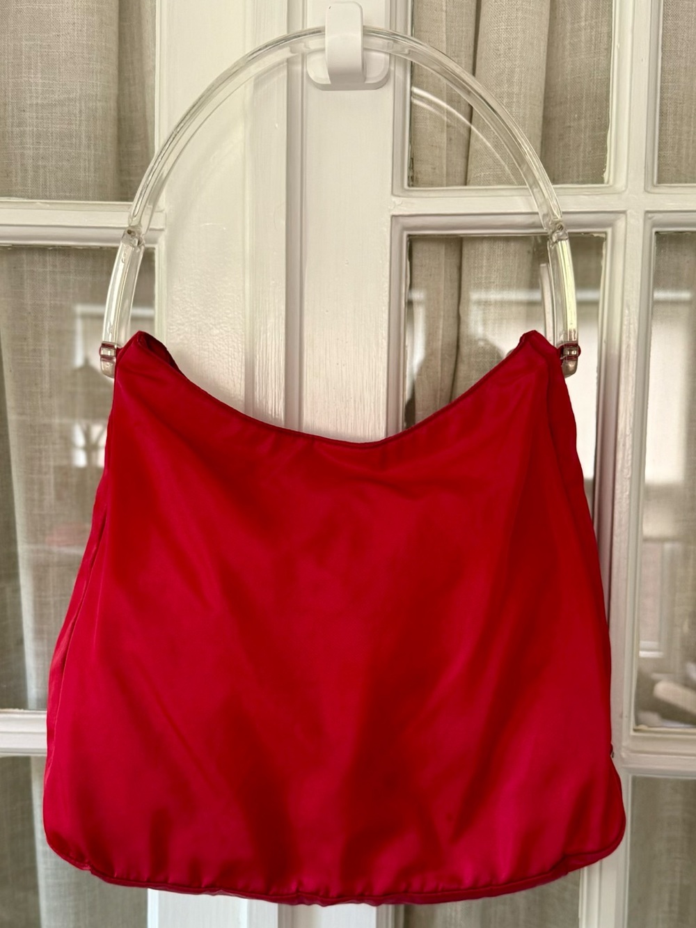 Vintage Y2K Red PRADA Nylon Handbag with Clear Lucite Top Handle